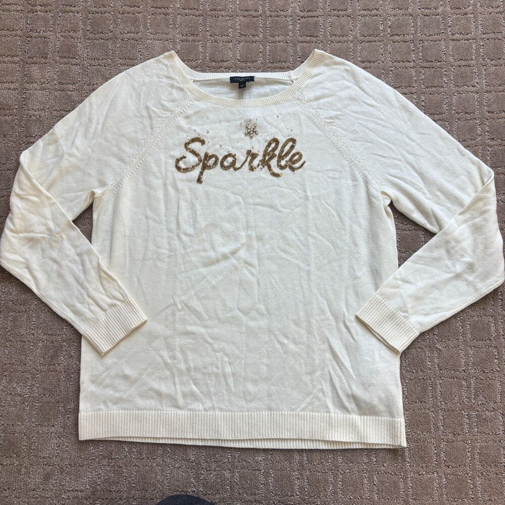 Talbots Sparkle Cotton Cashmere Sweater Women LP Off White Holiday Party Festive